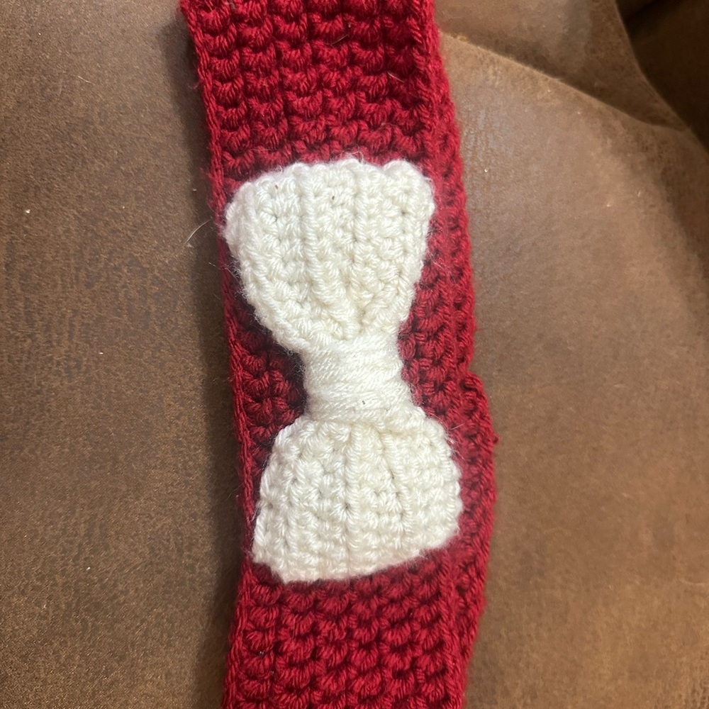 Red Crochet Headband with White Bow Accent